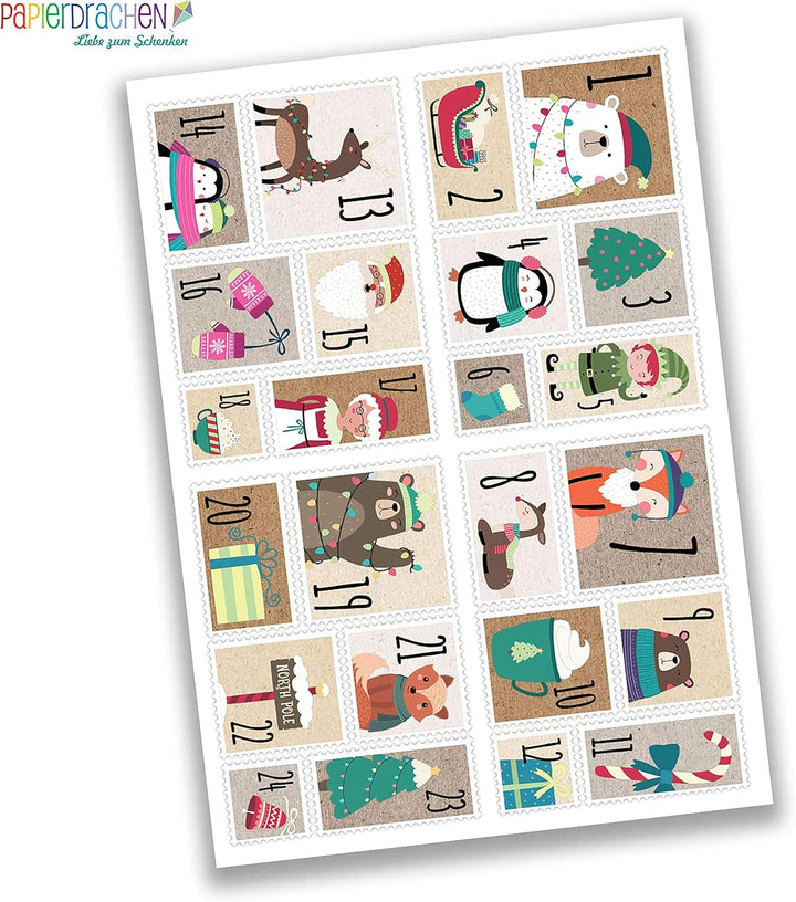 Papierdrachen Adventskalender zum Befüllen - 24 Geschenktüten und 24 Zahlenaufkleber und Klammern -