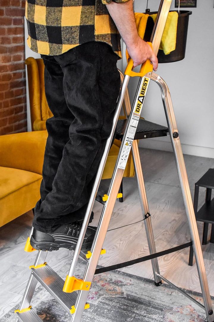DRABEST Leiter PRO Serie Alu Klaptritt 4 Stufen Klappbare Leiter mit Sicherheits Handläufen bis 150