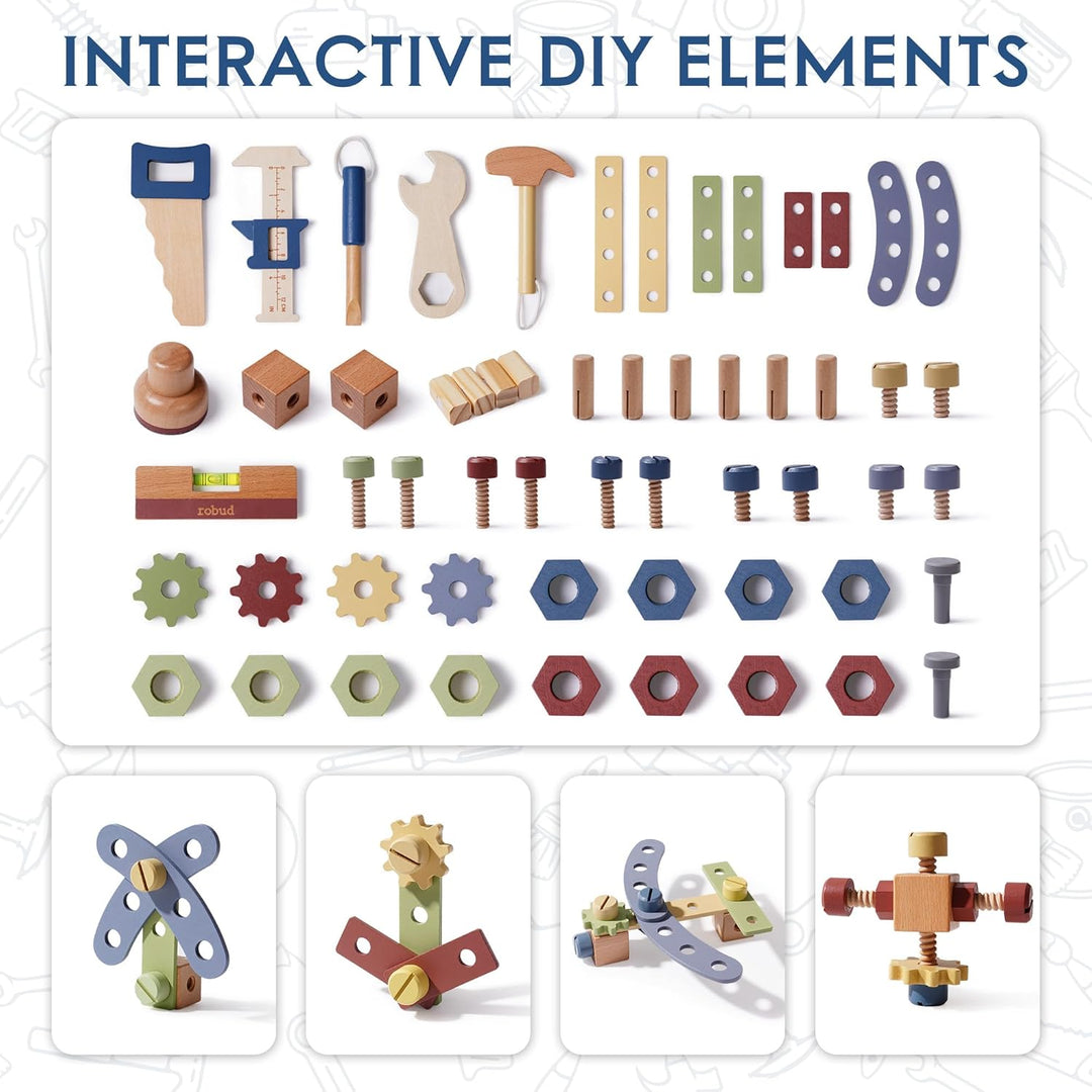 ROBUD Holzspielzeug Werkbank, Grosses Kinder Holz Spielwerkzeug, Pretend Play Creative Building Set,