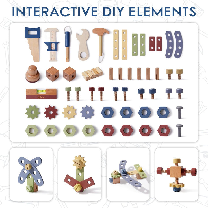 ROBUD Holzspielzeug Werkbank, Grosses Kinder Holz Spielwerkzeug, Pretend Play Creative Building Set,
