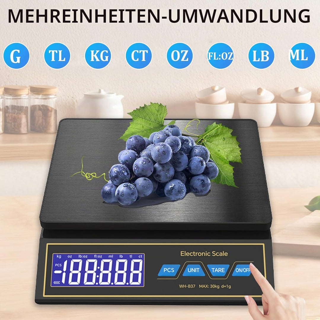 Waage Küchenwaage, Edelstahl Digitalwaage 30kg/66lb mit 9 Masseinheit, PCS Zähl, Auto Shutdown, Tara