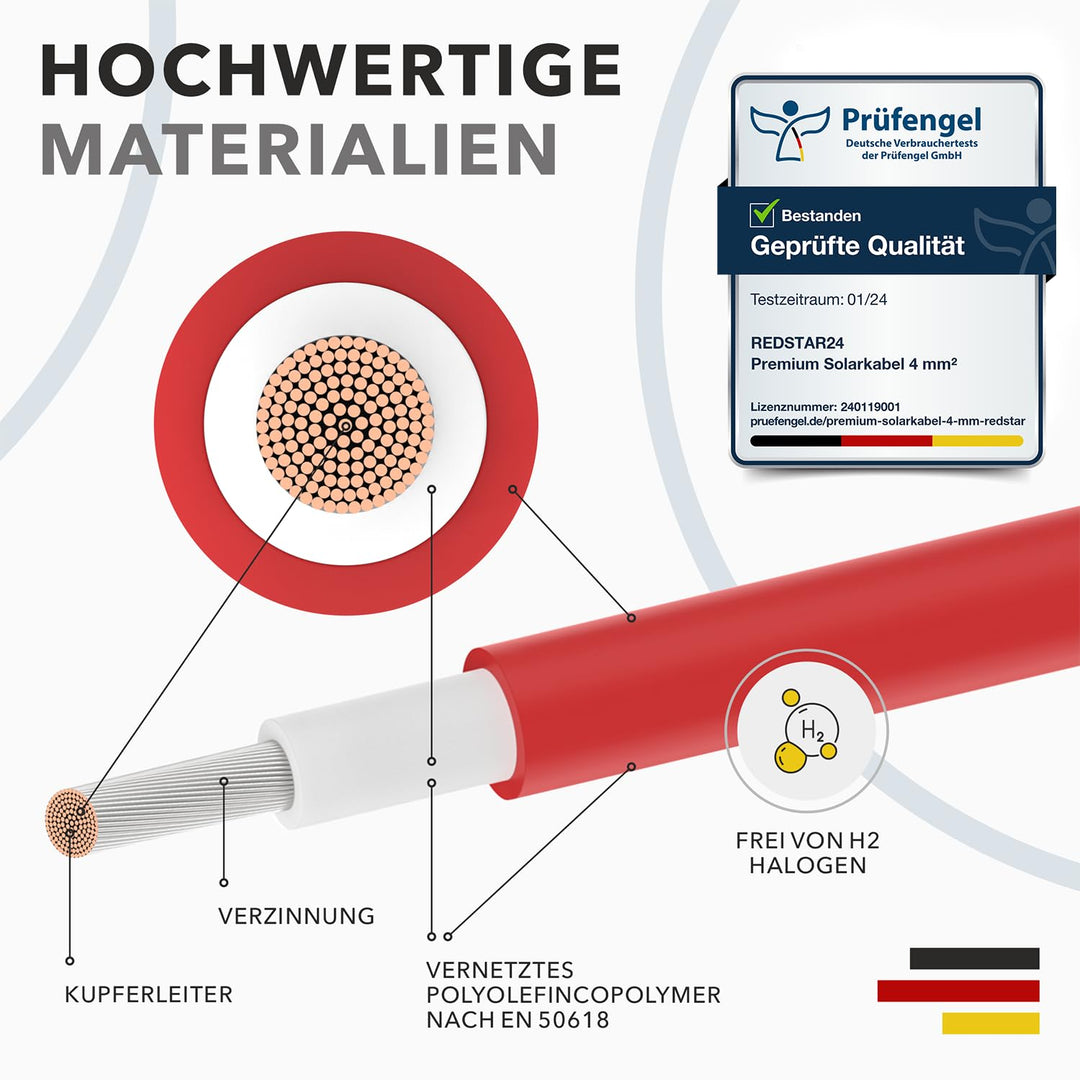 RedStar24 Premium Solarkabel 4mm² Rot - 30m - TÜV SÜD geprüft - UV-beständig, flexibel, Photovoltaik