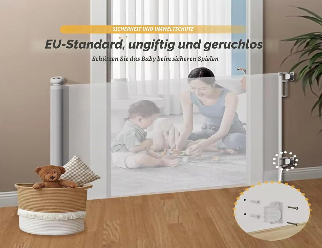 Einziehbares Babygitter, 86 cm x 140 cm, Treppenschutzgitter für Babys und Haustiere, ausziehbare Ab