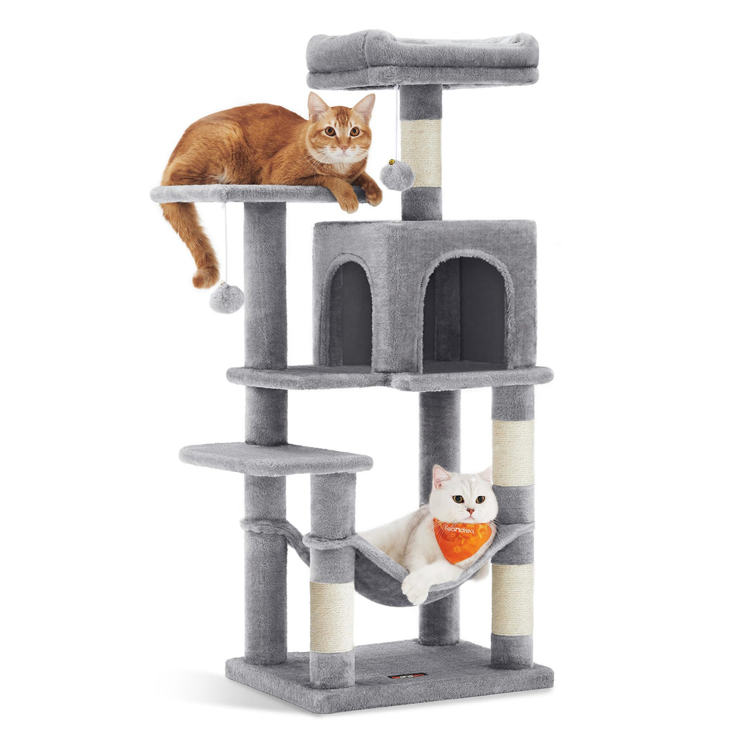 Feandrea Kratzbaum, 112 cm hoch, Katzenbaum, mehrstöckiges Katzenhaus, mit 4 Kratzsäulen, 2 Plattfor