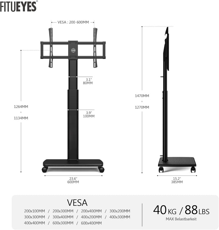 FITUEYES TV Bodenständer Rollbar mit Holzablage TV Standfuss TV Ständer Fernsehstand mit Rollen höhe