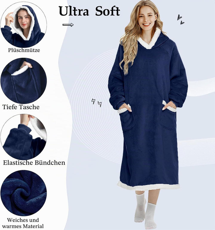 FEELJAM Kuscheldecke mit ärmeln und kapuze hoodie decke tragbare decke navy blu wolldecke mit ärmel
