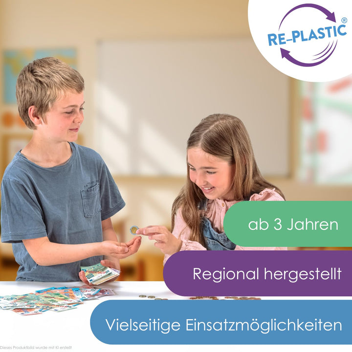 WISSNER® RE-Plastic Euro Spielgeld in Einer RE-Wood Box (290 Teile)