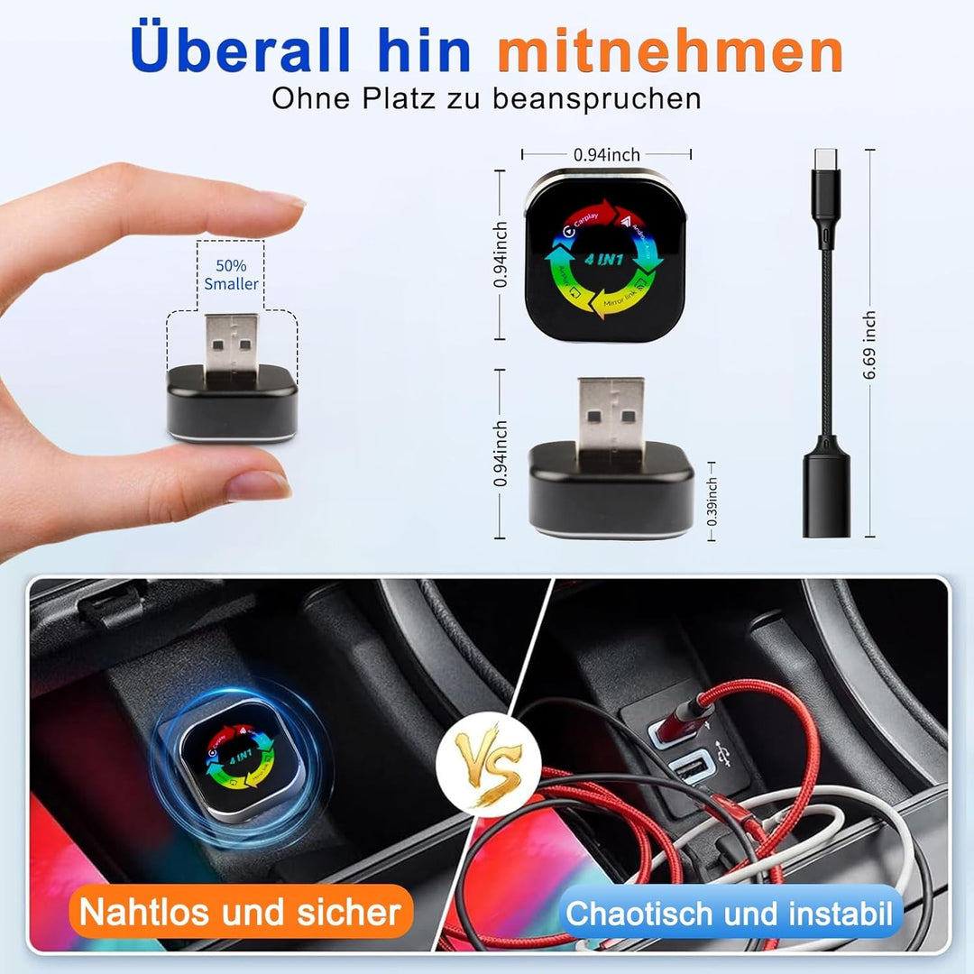 4-in-1 Wireless CarPlay Adapter- Drahtloses CarPlay + AirPlay + Android Auto + MirrorLink | Plug-&-P