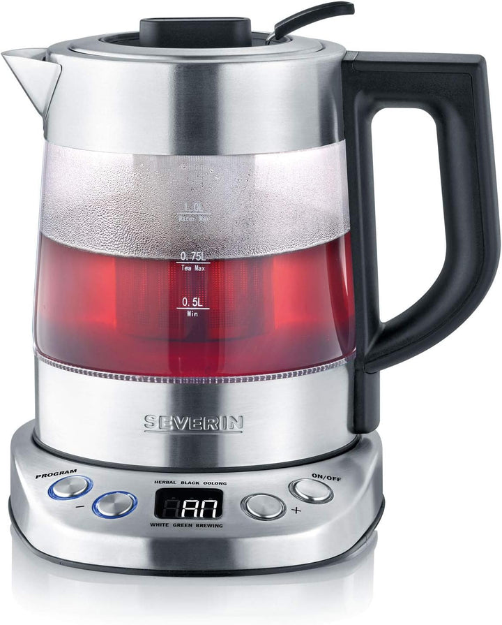 SEVERIN WK 3473 Glas-Tee-/Wasserkocher Deluxe Mini (ca. 2.200 W, Für 1 L Wasser/0,75 L Tee) edelstah