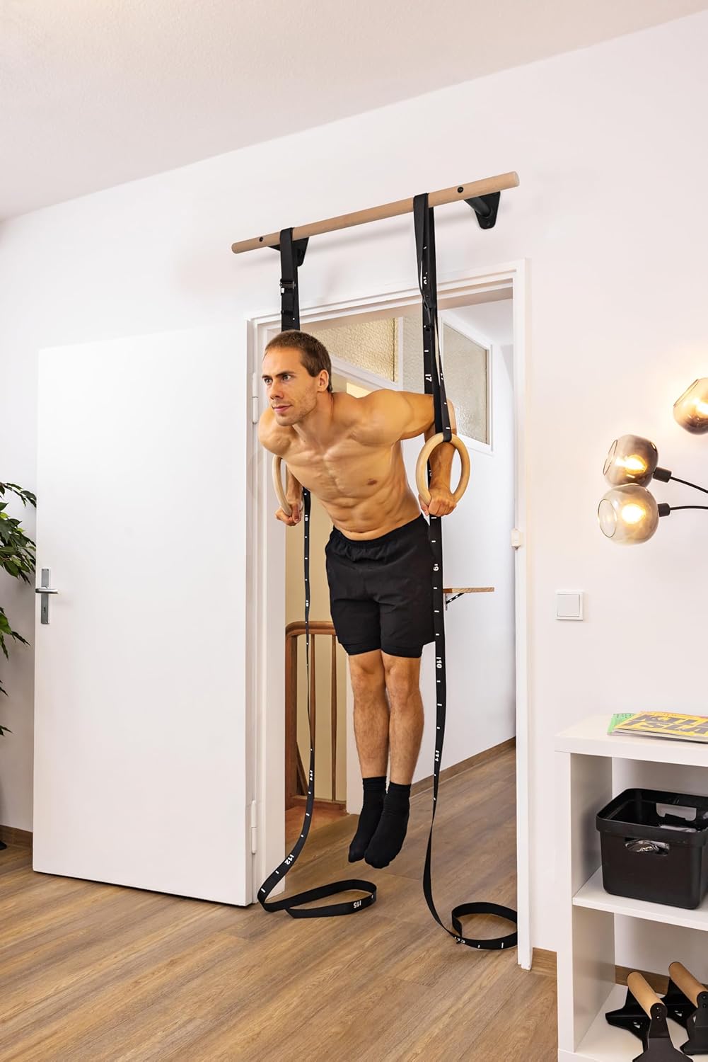 PULLUP & DIP Klimmzugstange Holz – Buchenholz Pull Up Bar zur Wandmontage über dem Türrahmen – 40 mm