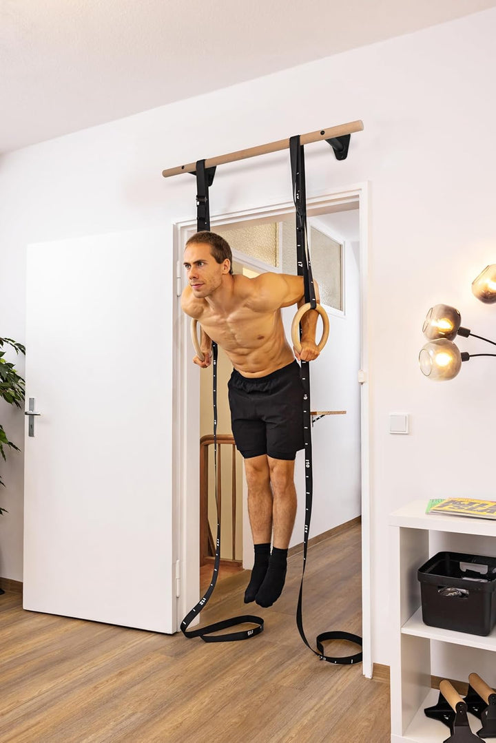 PULLUP & DIP Klimmzugstange Holz – Buchenholz Pull Up Bar zur Wandmontage über dem Türrahmen – 40 mm