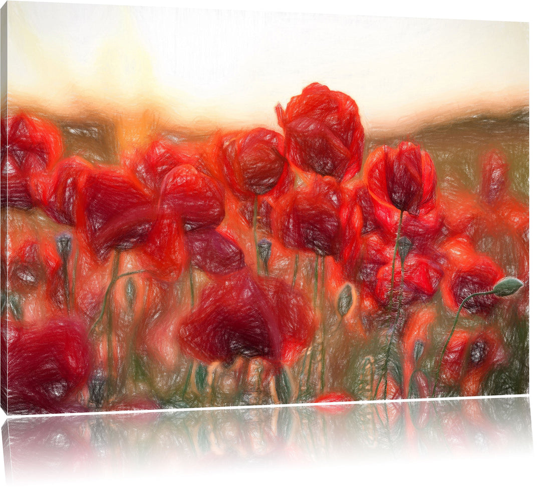 Pixxprint Feuriger Mohn Kunst Buntstift Effekt, Format: 100x70 auf Leinwand, 100x70