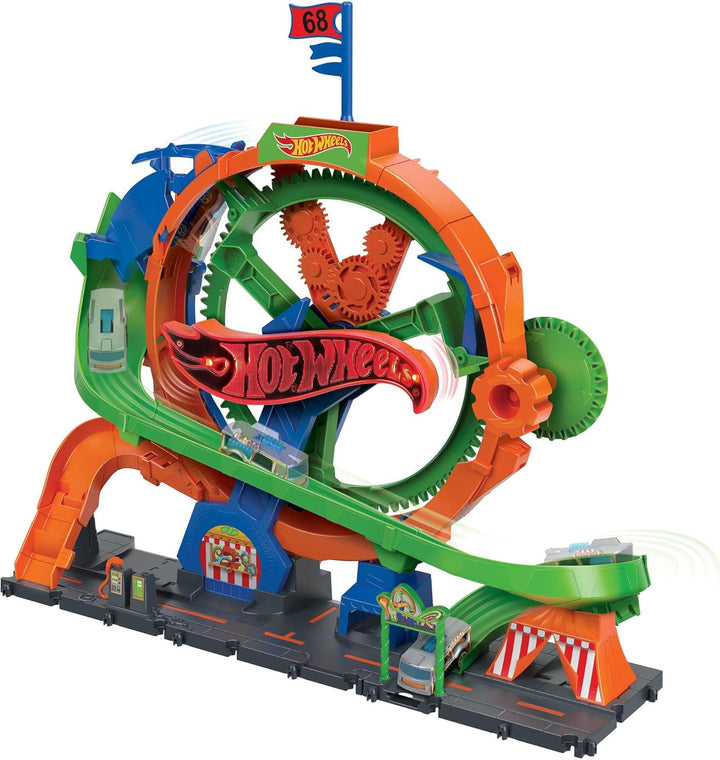 Hot Wheels City Trackset mit 1 Hot Wheels Auto, vom Kind aktiviertes Riesenrad mit Kirmeslichtern un