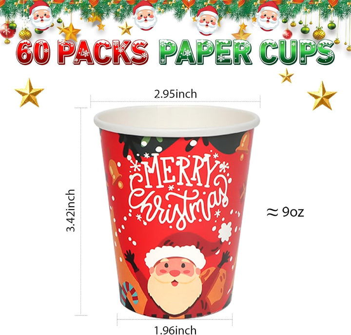 60 Stück Pappbecher WeihnachtsRot 9oz Party Tischdeko mit Cartoon Weihnachtsmann und Merry Christmas