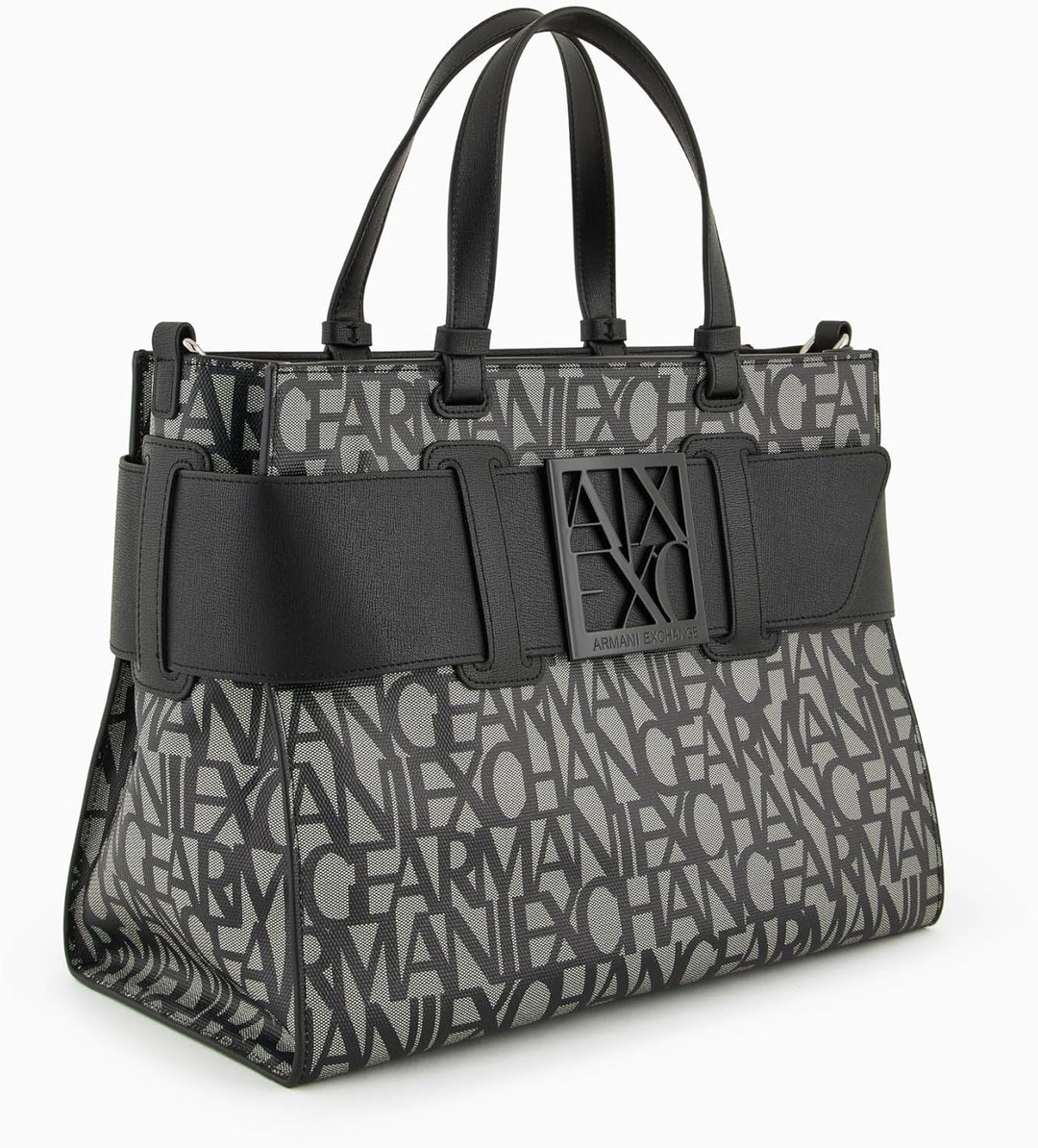 Armani Exchange Women's Large Logo Placket Satchel Bag Big Tote, Beige/Black