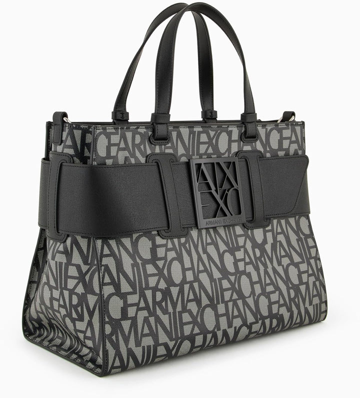 Armani Exchange Women's Large Logo Placket Satchel Bag Big Tote, Beige/Black