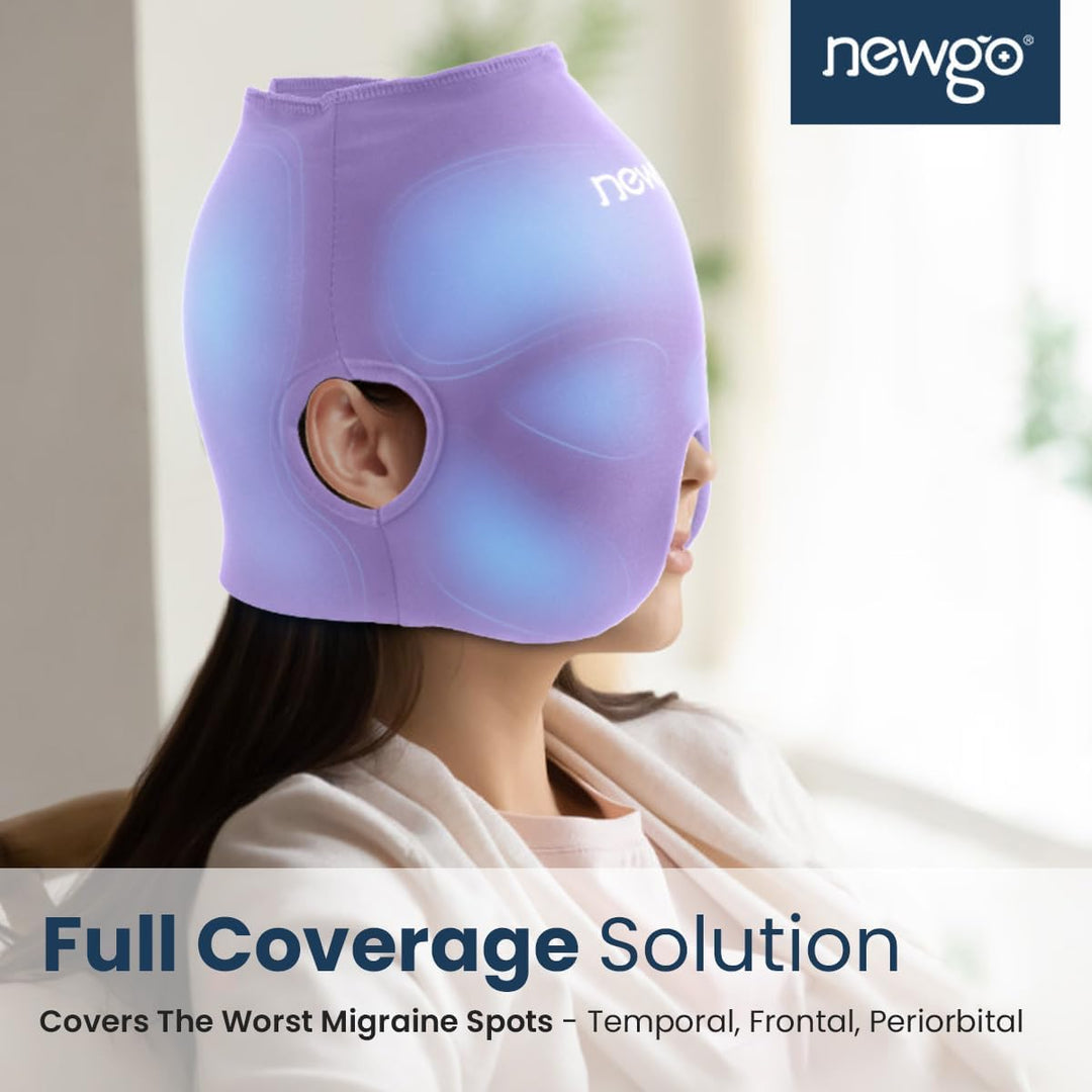 NEWGO Migräne Kühlmaske mit Ohr-Aussparungen, Gel Kühlmütze Migräne Maske, 360° Headache Hat Kühlmas