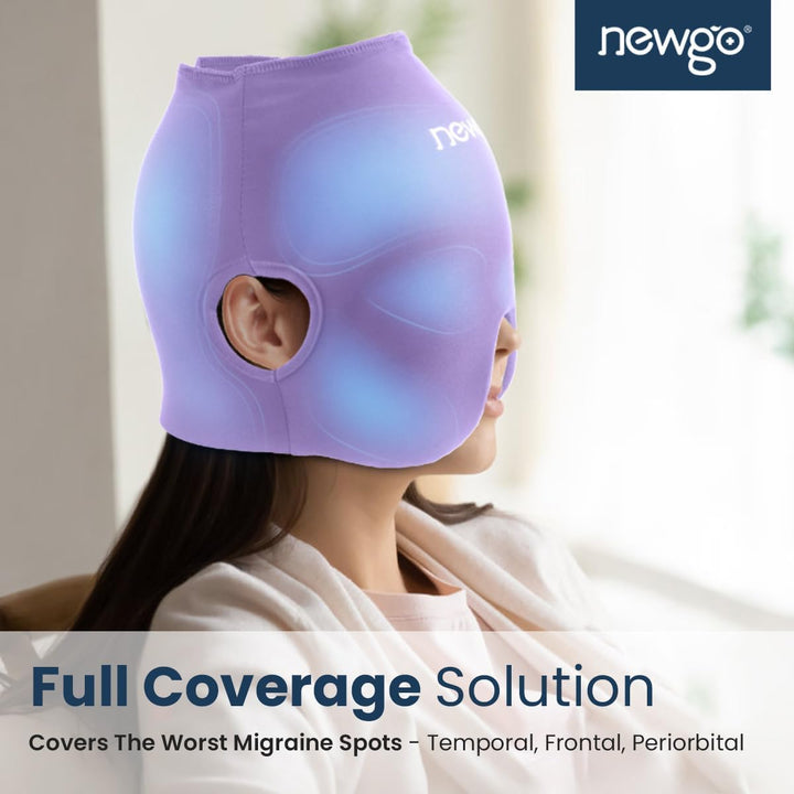 NEWGO Migräne Kühlmaske mit Ohr-Aussparungen, Gel Kühlmütze Migräne Maske, 360° Headache Hat Kühlmas