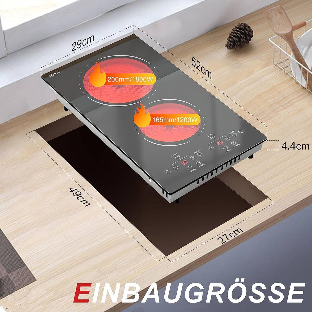 Glaskeramikkochfeld 2 Zonen mit Stecker, Hobsir Einbau Kochfelder 30cm, 3000W, Touch-Steuerung, Dopp