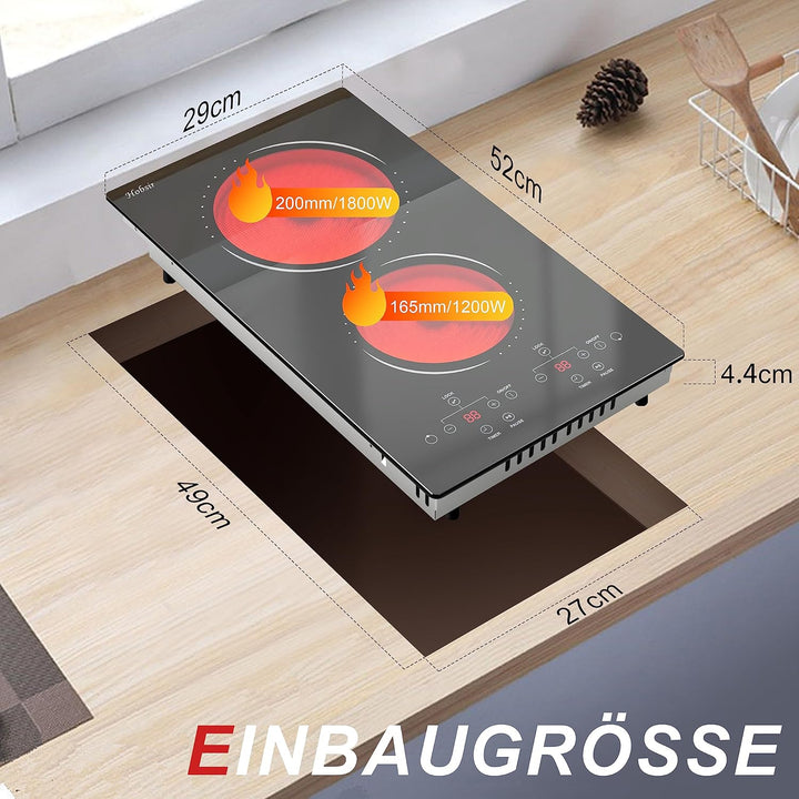 Glaskeramikkochfeld 2 Zonen mit Stecker, Hobsir Einbau Kochfelder 30cm, 3000W, Touch-Steuerung, Dopp