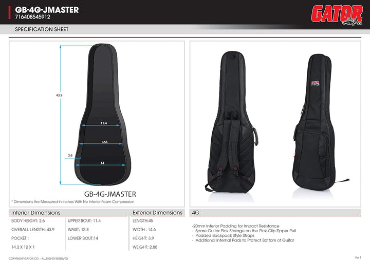 Gator Cases 4G Series Gig Bag für E-Gitarren mit verstellbaren Rucksackgurten; passend für Jazzmaste