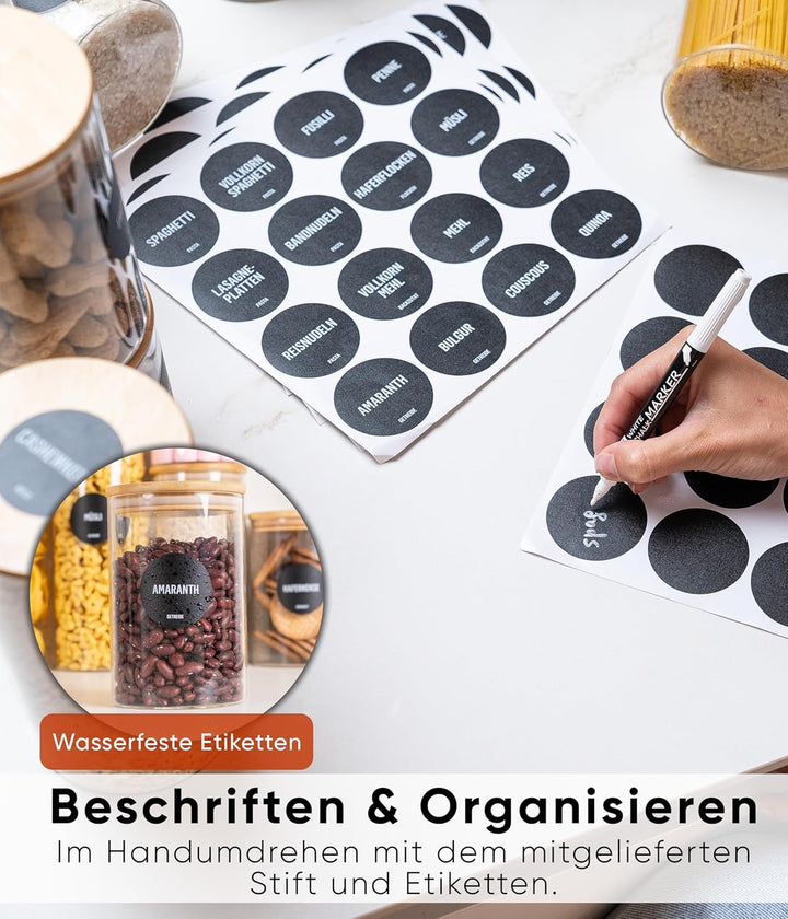 Deco haus® Vorratsgläser mit Deckel luftdicht + Etiketten [8er KOMBI SET] - Für Müsli, Cornflakes, M