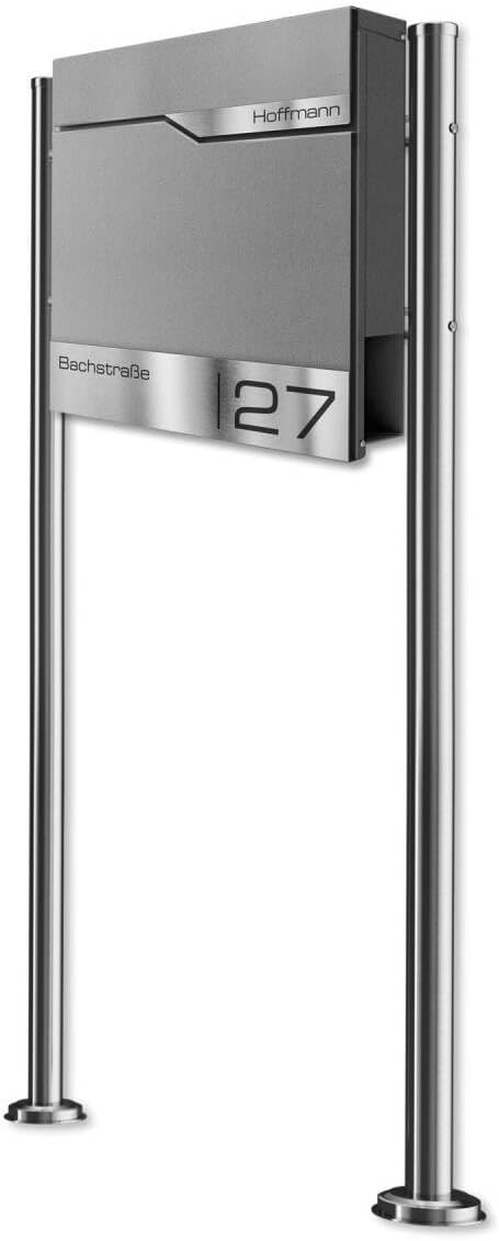 Metzler Standbriefkasten in Graualuminium - Pulverbeschichtet & mit Zeitungsfach - Inkl. Edelstahl S