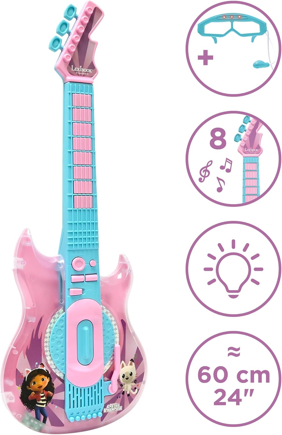 Lexibook, Gabby's Dollhouse, E-Gitarre mit Mikrofon und Brille für stilvolles Singen, 2 Spielmodi, D