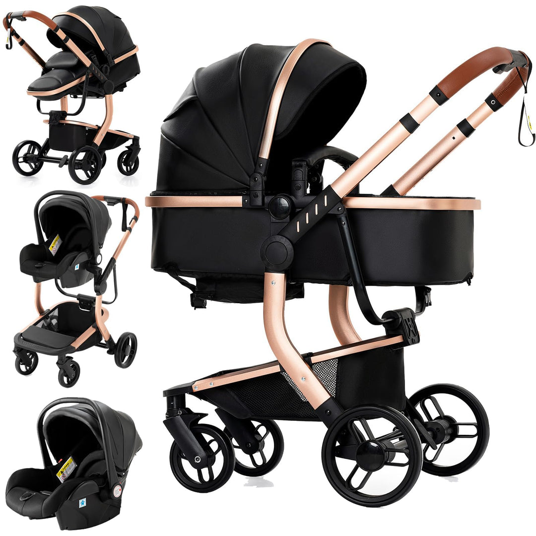 Reenborn PU-Leder Kinderwagen 3 in 1, Buggy mit Ein-Klick-Faltdesign, Kinderwagen mit Zwei Umkehrbar
