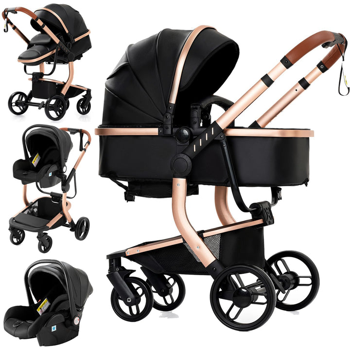 Reenborn PU-Leder Kinderwagen 3 in 1, Buggy mit Ein-Klick-Faltdesign, Kinderwagen mit Zwei Umkehrbar