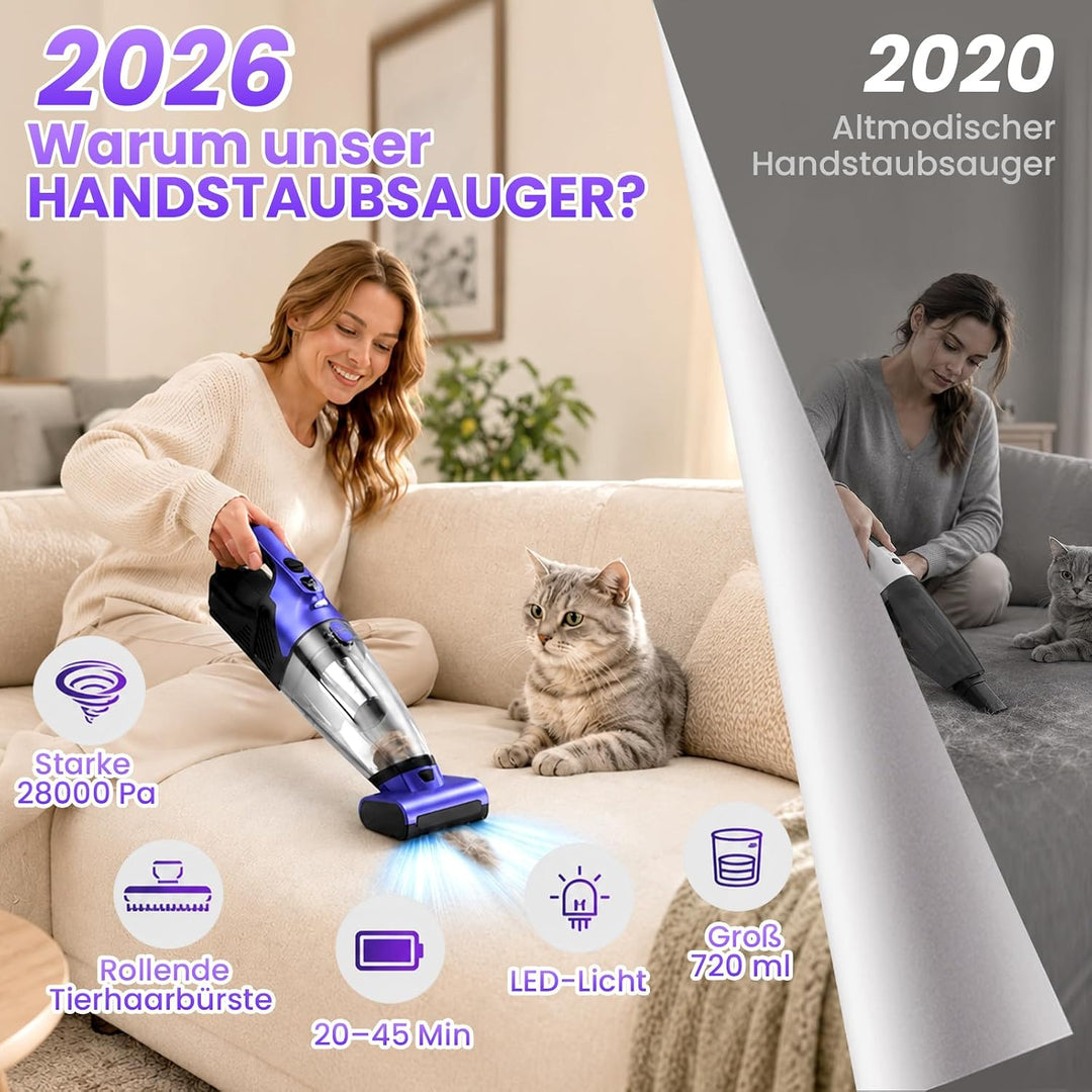 Tierhaar Handstaubsauger Akku 28000Pa mit Rotierende Bürstenrolle&amp;LED Licht | Stark Autostaubsauger