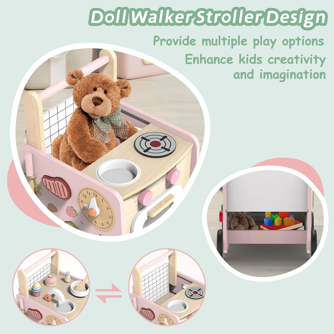 Lauflernwagen Holz, 9 in 1 Baby Lauflernhilfe mit Montessori Spielzeug und Spielküche, Holzspielzeug