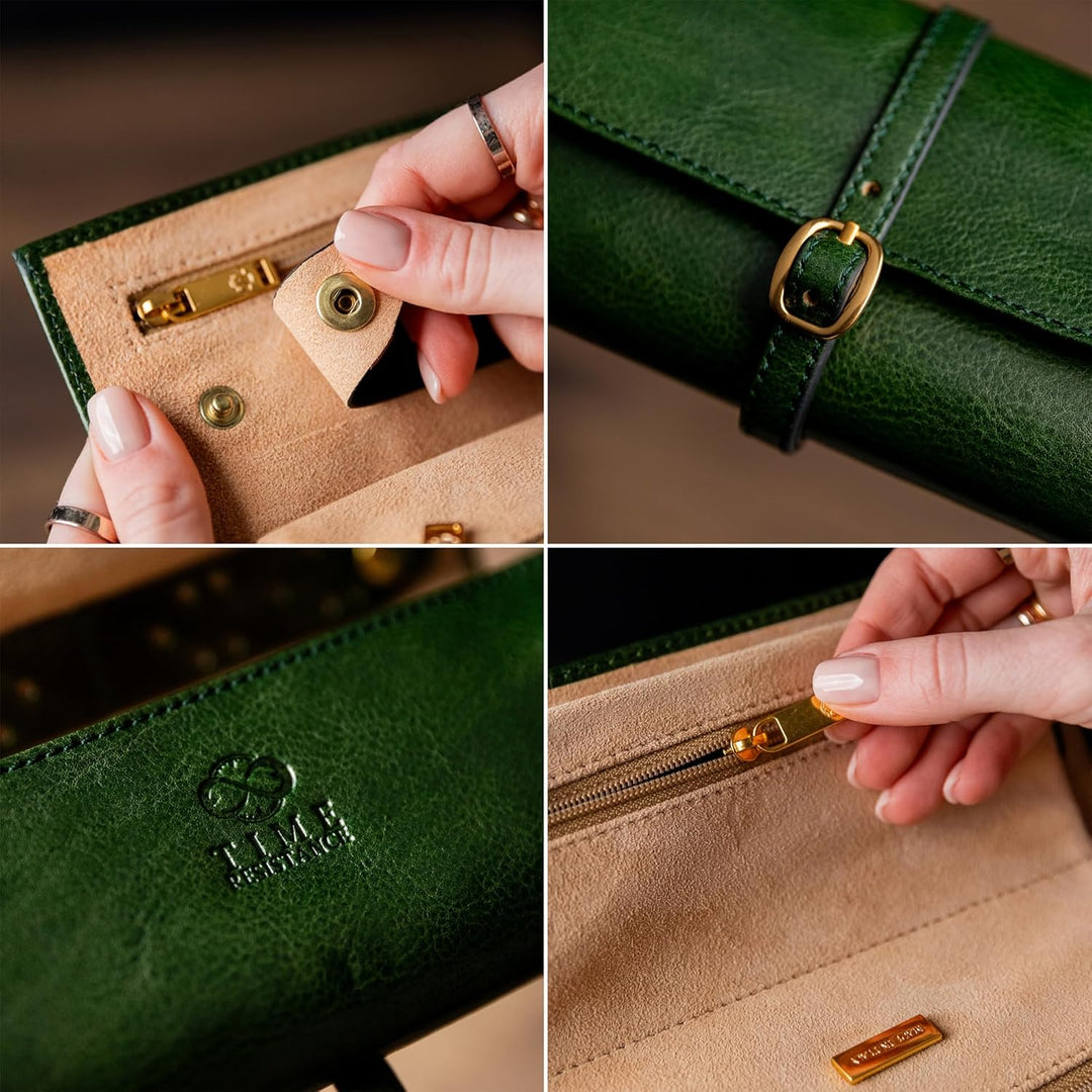 Time Resistance Grün Leder Schmuck Organizer – 100% Leder Schmuckrolle für Reisen Hergestellt in Ita