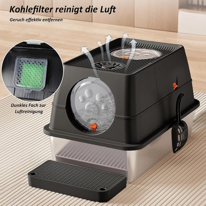CALIYO Katzentoilette, Katzenklo Edelstahl mit Deckel, 3 in 1 Cat Litter Box, Katzenklo mit Schaufel