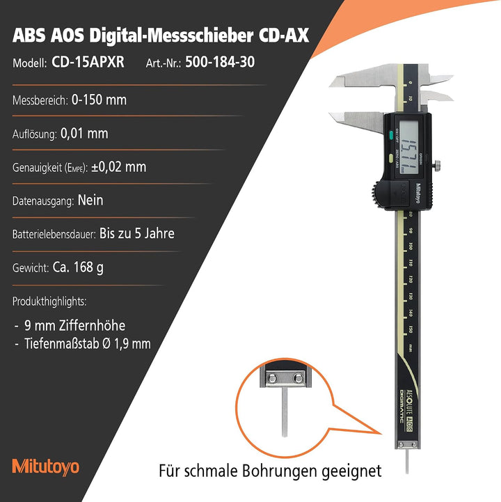 MITUTOYO Digital Messschieber ohne Datenausgang DIN 862, Tiefenmass rund 0-150 mm, 1 Stück,500-184-3
