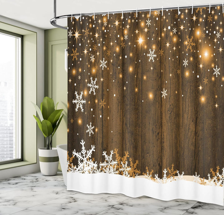ABAKUHAUS Weihnachten Duschvorhang, Holz und Schneeflocken, Stoffliches Gewebe Badezimmerdekorations