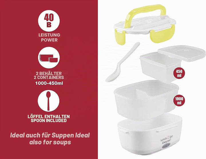 Beper Lunch & Go - Wärmende Lunchbox, tragbarer elektrischer Speisenwärmer, 2 herausnehmbare Behälte
