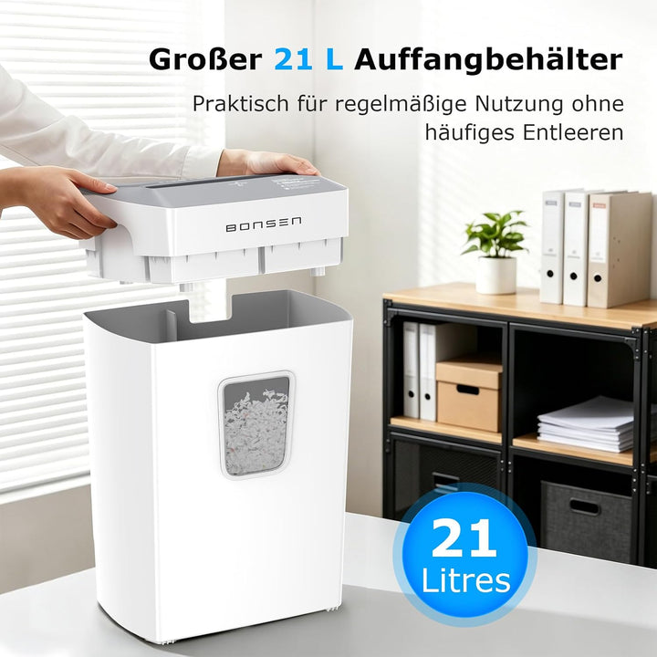 BONSEN Aktenvernichter Mikroschnitt 12 Blatt, Leise 60dB, S5211-W | 21L Behälter, P-4 Sicherheitsstu