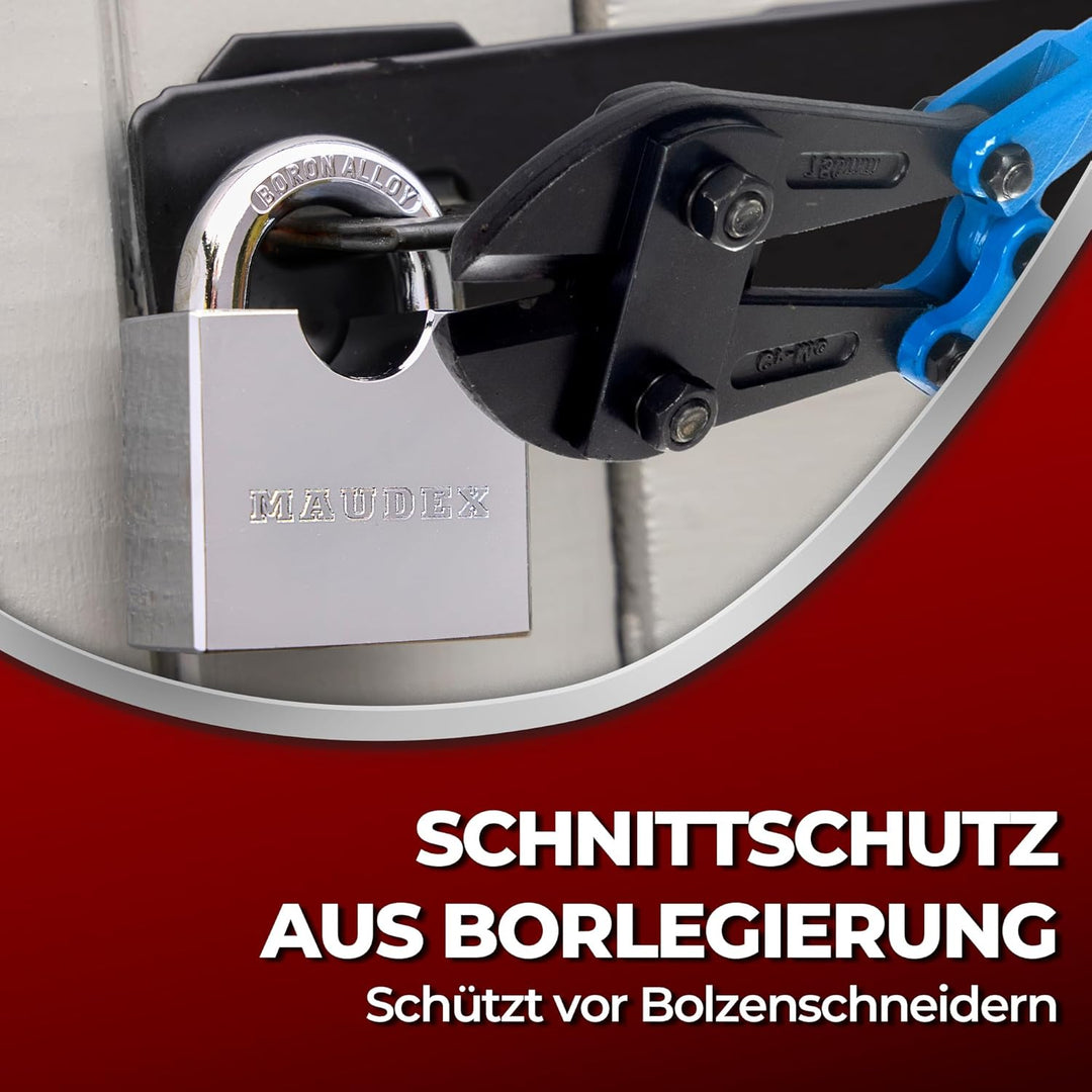 Maudex® RPB45 Hochleistungs-Vorhängeschloss – 9 mm gehärteter, schnittfester Bügel, wetterfester Chr