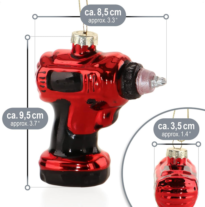 com-four® 3X Premium Christbaumschmuck - Deko-Bohrmaschine aus Glas - besondere Baumkugeln als Weihn