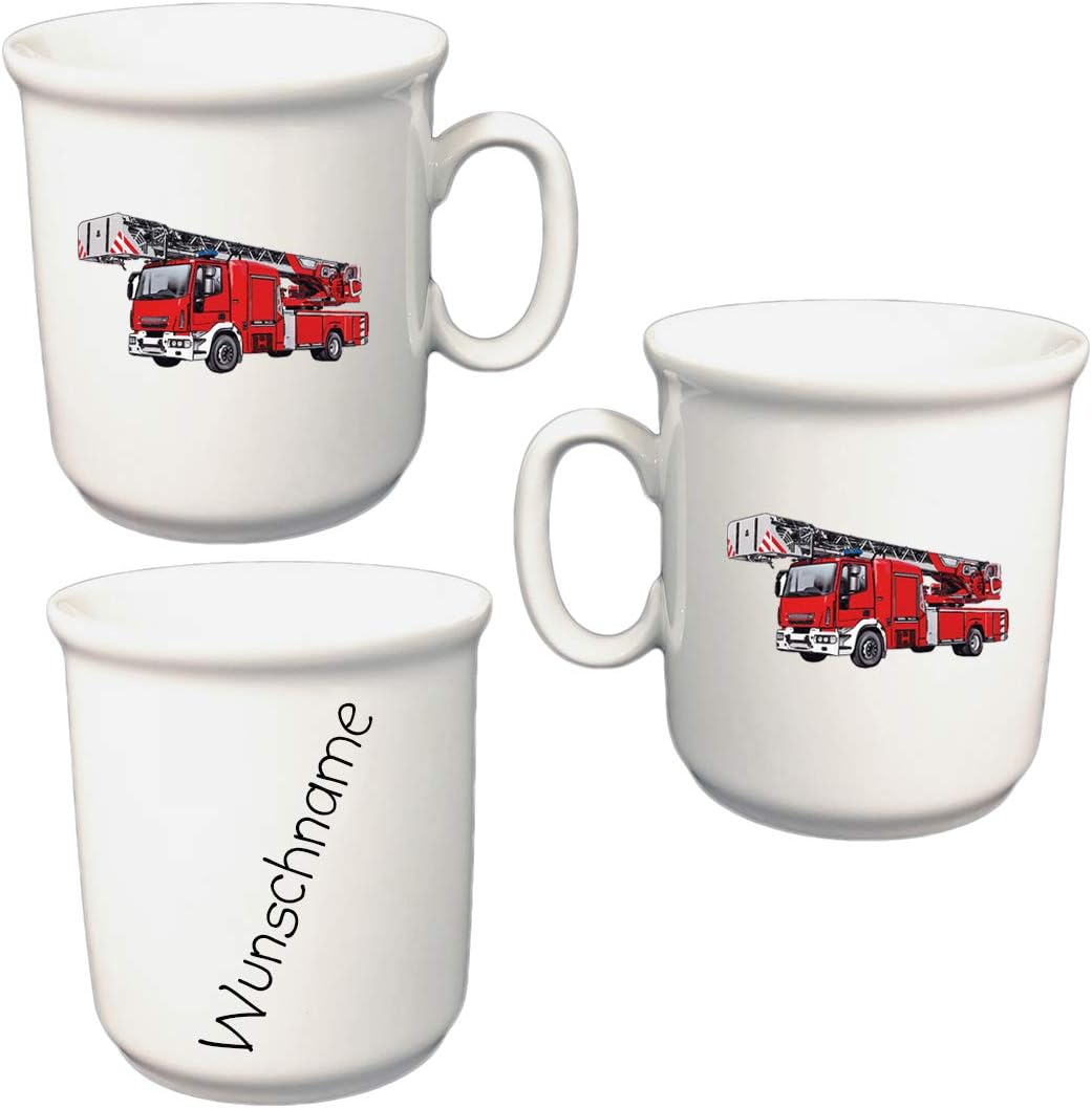 Kindergeschirr personalisiert - Frühstücksservice 3-tlg. Porzellan Feuerwehr Teller Becher Schale pe