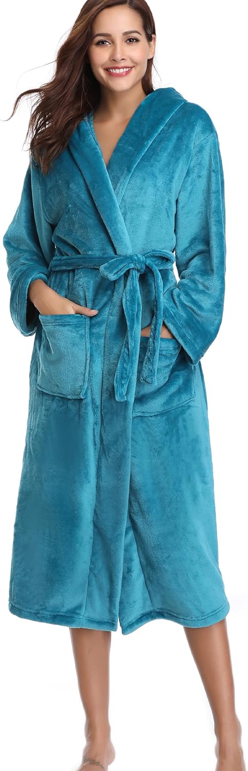 Vlazom Winter Bademantel weicher Flanell Bademantel Damen Saunamantel mit Kapuze flauschiger Morgenm