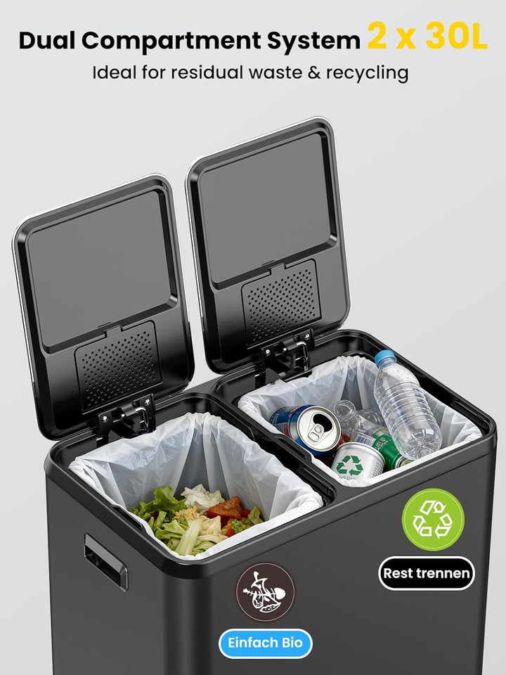 YEAUPE PRO Mülleimer Küche 2x30L Edelstahl, 60L Schwarz Doppel Treteimer Mülltrennung, Abfalleimer m