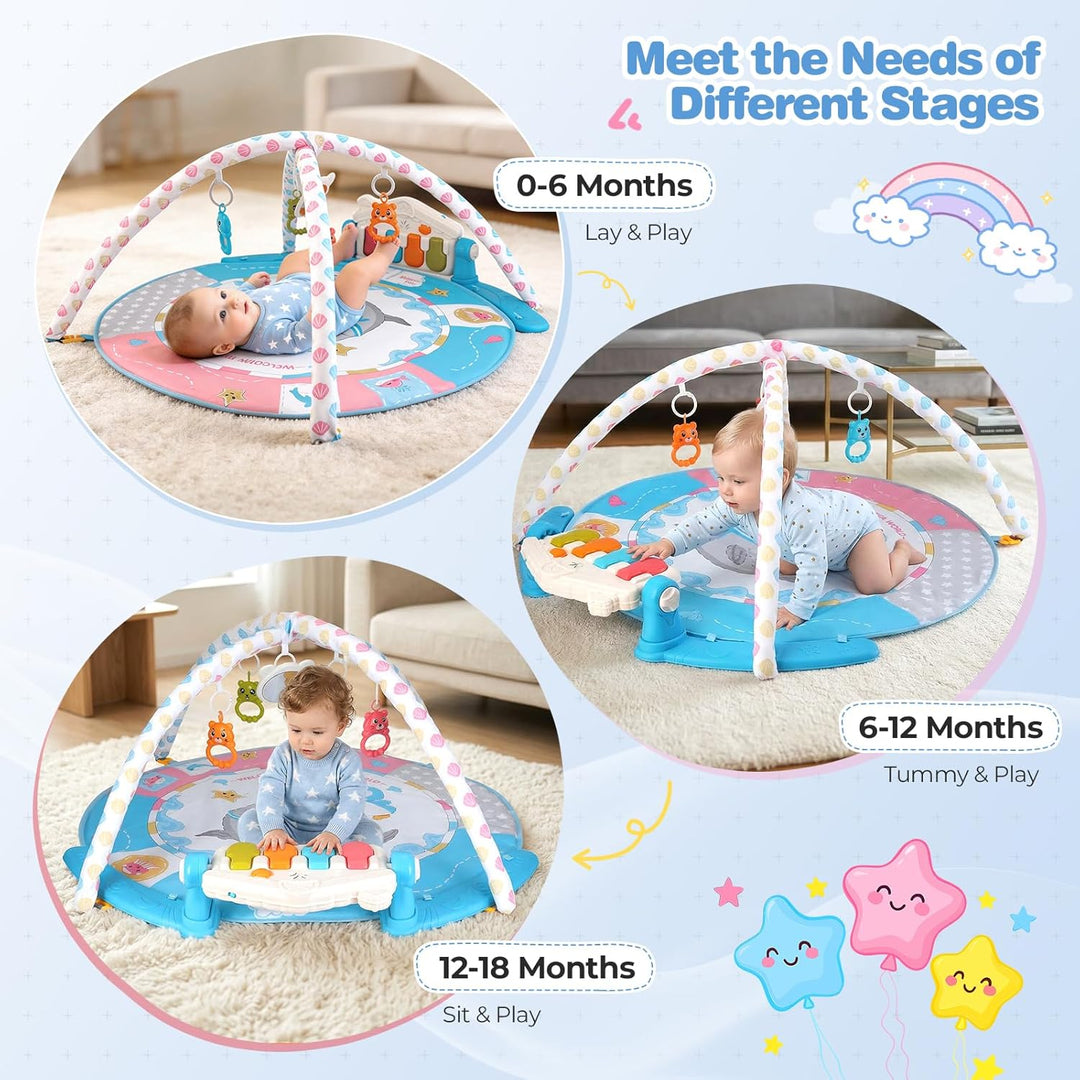 Baby-Spielmatte, Baby-Spielbogen mit Rassel, Klavier und Spiegel, Boden-Spielmatte (100 cm Durchmess
