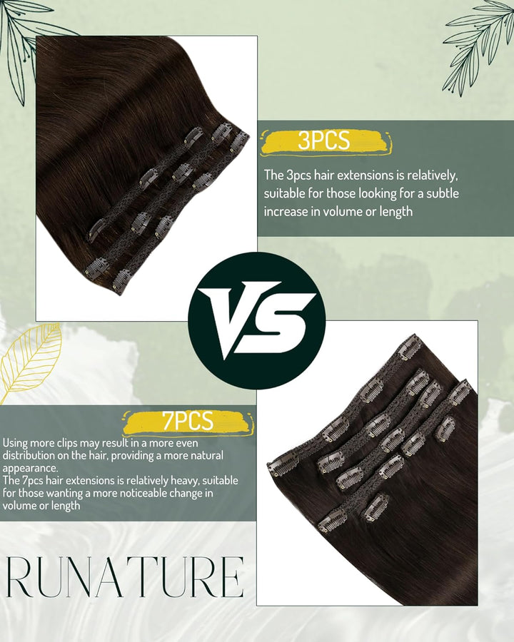 RUNATURE Clip in Extensions Echthaar Braun 50cm 3pcs Echthaar Extensions Clip Dunkelbraun Haarverlän