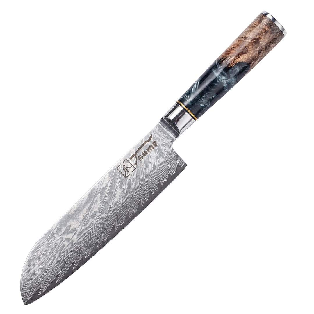 Tsume Santoku Messer Onyx, Klingenlänge 19cm, Echtes Damast Küchenmesser, 67 Schichten VG10 Edelstah