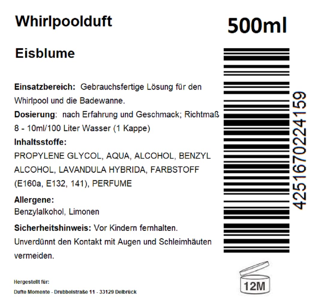 Dufte Momente | Whirlpool Duft 500ml | Eisblume (Geranium, Menthol, Rose) | mit naturreinen und natü