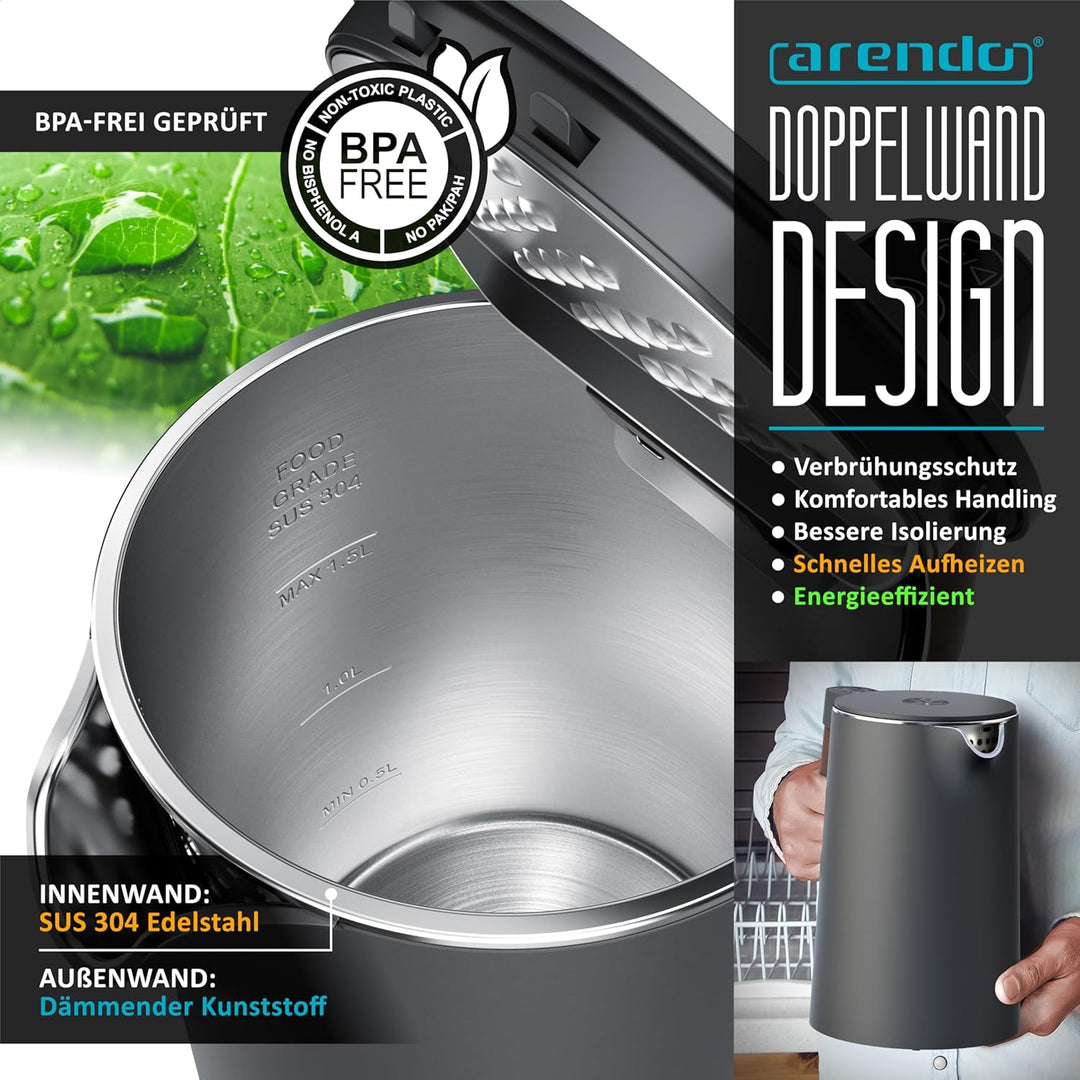 Arendo - Wasserkocher Toaster SET - Edelstahl - Wasserkocher mit Temrpatureinstellung - 45-100 Grad