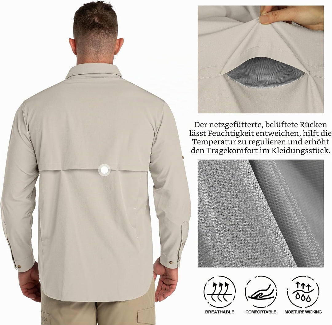 33,000ft Safari Hemd Herren Langarm Sportshemd UPF50+ UV Schutz Funktionshemd Atmungsaktiv Button-Do