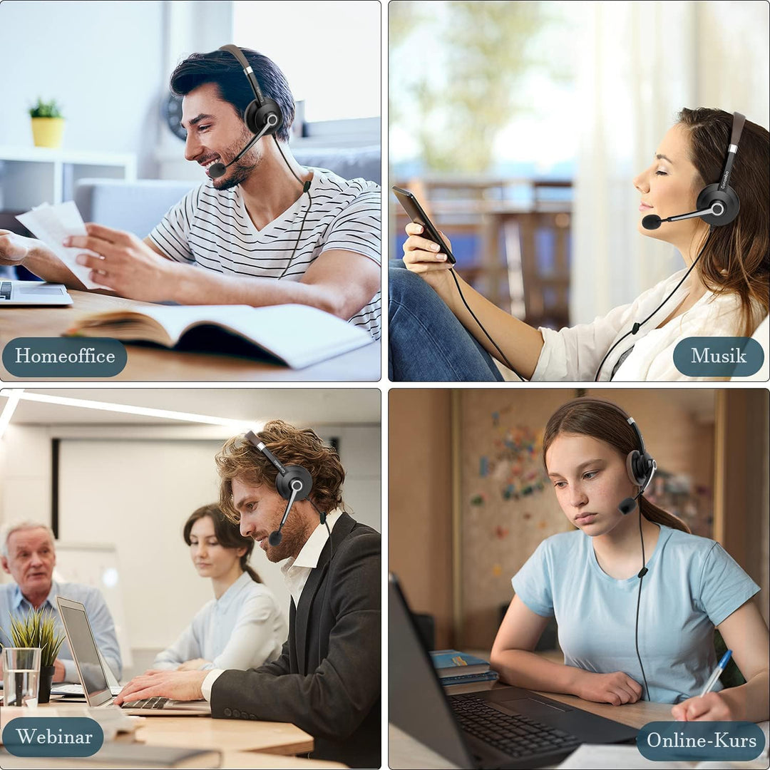 USB Headset mit Mikrofon, Geräuschunterdrückung, Stereoklang, Lautstärkeregelung, 3,5 mm/USB-A/USB-C